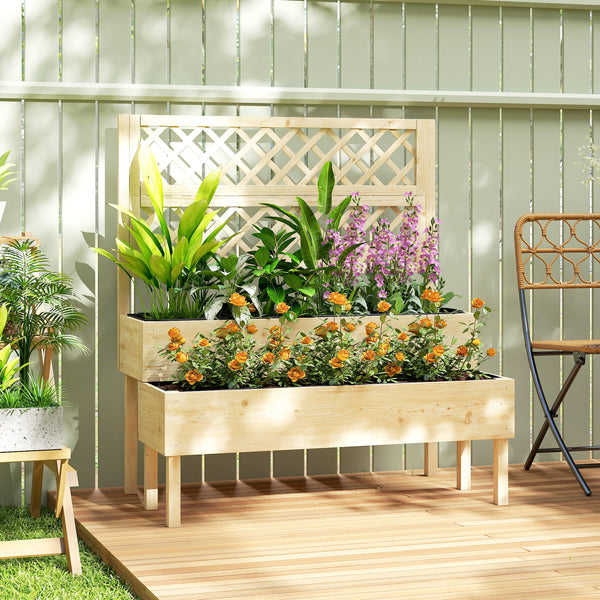 Jardinière à 2 Niveaux avec Treillis, bac à fleurs, lit surélevé avec tissu non tissé, pour plantes grimpantes, légumes, bois, intérieur et extérieur, 108 x 62 x 120 cm effet bois naturelle