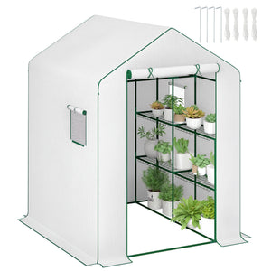 Serre de jardin PE avec étagères 3 niveaux, serre de balcon, bâche renforcée 135 g/m², châssis en acier, porte zippée enroulable, pour légumes plantes fleurs, 140x143x190cm, blanc