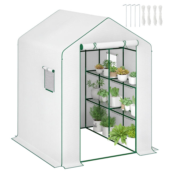 Serre de jardin PE avec étagères 3 niveaux, serre de balcon, bâche renforcée 135 g/m², châssis en acier, porte zippée enroulable, pour légumes plantes fleurs, 140x143x190cm, blanc