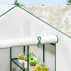 Serre de jardin PE avec étagères 3 niveaux, serre de balcon, bâche renforcée 135 g/m², châssis en acier, porte zippée enroulable, pour légumes plantes fleurs, 140x143x190cm, blanc