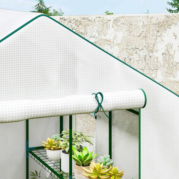 Serre de jardin PE avec étagères 3 niveaux, serre de balcon, bâche renforcée 135 g/m², châssis en acier, porte zippée enroulable, pour légumes plantes fleurs, 140x143x190cm, blanc