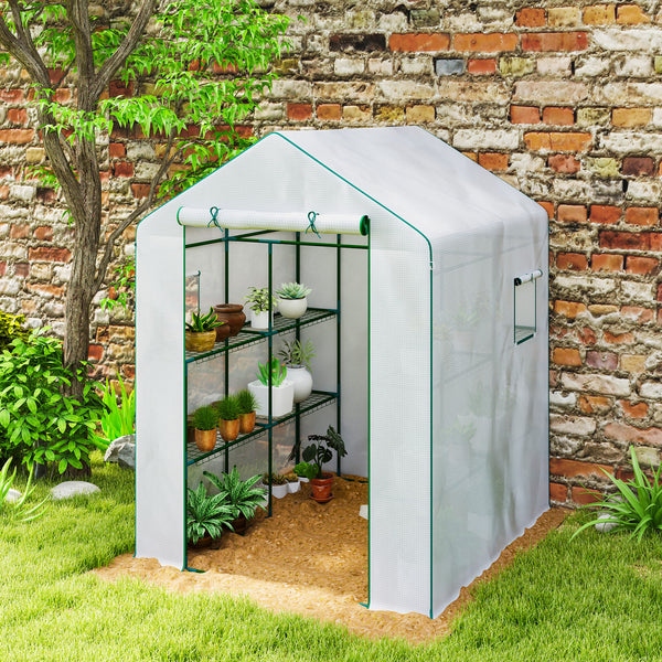 Serre de jardin PE avec étagères 3 niveaux, serre de balcon, bâche renforcée 135 g/m², châssis en acier, porte zippée enroulable, pour légumes plantes fleurs, 140x143x190cm, blanc