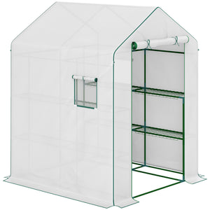 Serre de jardin PE avec étagères 3 niveaux, serre de balcon, bâche renforcée 135 g/m², châssis en acier, porte zippée enroulable, pour légumes plantes fleurs, 140x143x190cm, blanc