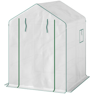 Serre de jardin PE avec étagères 3 niveaux, serre de balcon, bâche renforcée 135 g/m², châssis en acier, porte zippée enroulable, pour légumes plantes fleurs, 140x143x190cm, blanc