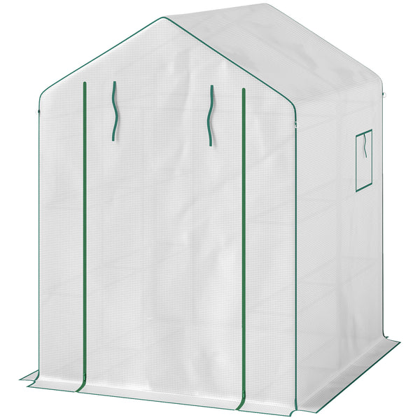 Serre de jardin PE avec étagères 3 niveaux, serre de balcon, bâche renforcée 135 g/m², châssis en acier, porte zippée enroulable, pour légumes plantes fleurs, 140x143x190cm, blanc