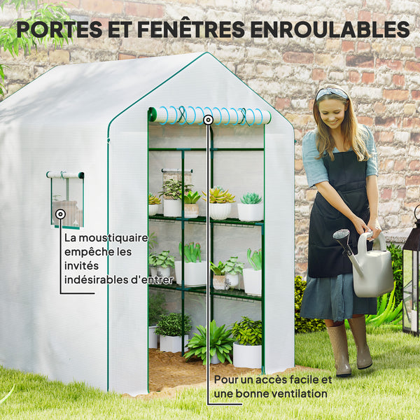 Serre de jardin PE avec étagères 3 niveaux, serre de balcon, bâche renforcée 135 g/m², châssis en acier, porte zippée enroulable, pour légumes plantes fleurs, 140x143x190cm, blanc