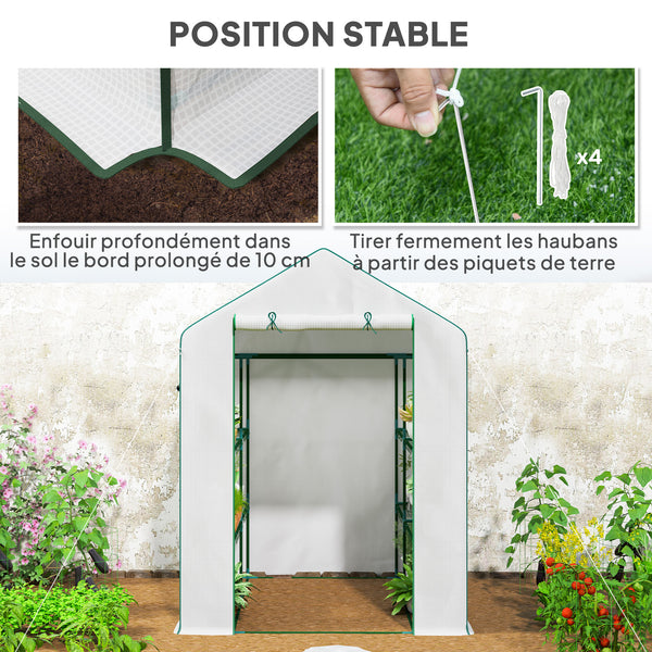 Serre de jardin PE avec étagères 3 niveaux, serre de balcon, bâche renforcée 135 g/m², châssis en acier, porte zippée enroulable, pour légumes plantes fleurs, 140x143x190cm, blanc