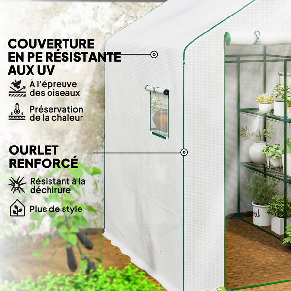 Serre de jardin PE avec étagères 3 niveaux, serre de balcon, bâche renforcée 135 g/m², châssis en acier, porte zippée enroulable, pour légumes plantes fleurs, 140x143x190cm, blanc