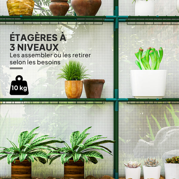 Serre de jardin PE avec étagères 3 niveaux, serre de balcon, bâche renforcée 135 g/m², châssis en acier, porte zippée enroulable, pour légumes plantes fleurs, 140x143x190cm, blanc
