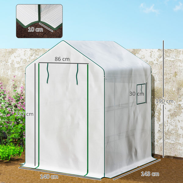 Serre de jardin PE avec étagères 3 niveaux, serre de balcon, bâche renforcée 135 g/m², châssis en acier, porte zippée enroulable, pour légumes plantes fleurs, 140x143x190cm, blanc