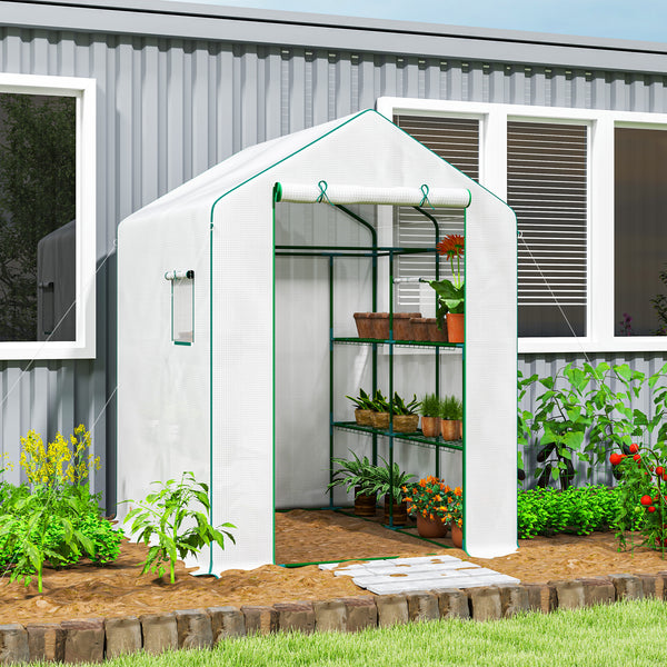 Serre de jardin PE avec étagères 3 niveaux, serre de balcon, bâche renforcée 135 g/m², châssis en acier, porte zippée enroulable, pour légumes plantes fleurs, 140x143x190cm, blanc