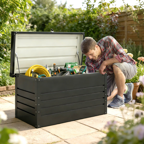 Coffre de rangement en métal 350L - boîte de jardin en acier galvanisé étanche avec double vérins à gaz - malle de rangement verrouillable pour coussins, outils et terrasse, gris anthracite