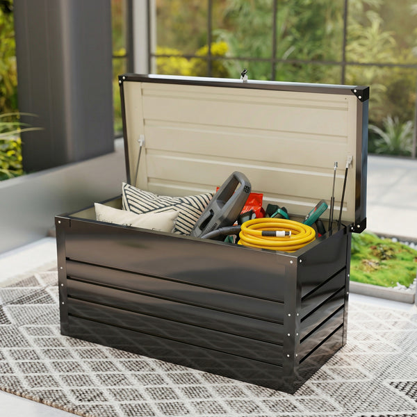 Coffre de rangement en métal 350L - boîte de jardin en acier galvanisé étanche avec double vérins à gaz - malle de rangement verrouillable pour coussins, outils et terrasse, gris anthracite