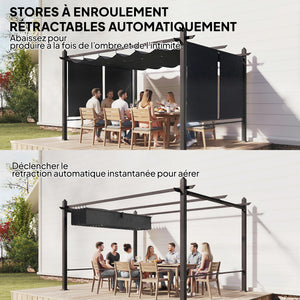 Pergola en Aluminium 3x4 m avec Stores Automatiques - Tonnelle de Jardin Coulissante Rétractable - Abri de Terrasse Robuste avec Trous de Drainage et Protection UV50+, Gris Anthracite