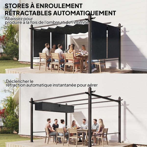 Pergola en Aluminium 3x4 m avec Stores Automatiques - Tonnelle de Jardin Coulissante Rétractable - Abri de Terrasse Robuste avec Trous de Drainage et Protection UV50+, Gris Anthracite