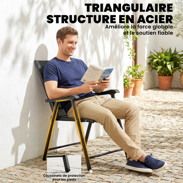 Lot de 4 Chaises de Jardin Pliantes en Textilène - Mobilier de Jardin avec Structure Acier Robuste sans Montage - Chaise de Terrasse et Balcon à Dossier Haut Ergonomique, Noir