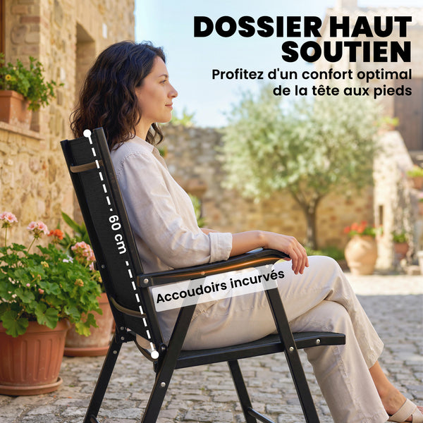 Lot de 4 Chaises de Jardin Pliantes en Textilène - Mobilier de Jardin avec Structure Acier Robuste sans Montage - Chaise de Terrasse et Balcon à Dossier Haut Ergonomique, Noir