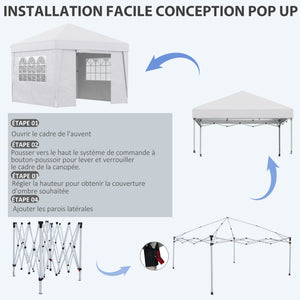 Tonnelle de jardin pop-up pliante tonnelle barnum tente de réception 3 x 3 m anti-UV 30 + avec fenêtres parois latérales sac de transport blanc