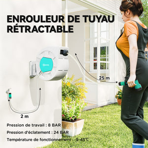 Enrouleur tuyau arrosage, dévidoir de tuyaux d'eau, 35+2 m, avec support mural + poignée, pivotant à 180°, 7 options de jets d'arrosage, gris clair