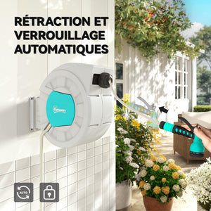 Enrouleur tuyau arrosage, dévidoir de tuyaux d'eau, 35+2 m, avec support mural + poignée, pivotant à 180°, 7 options de jets d'arrosage, gris clair