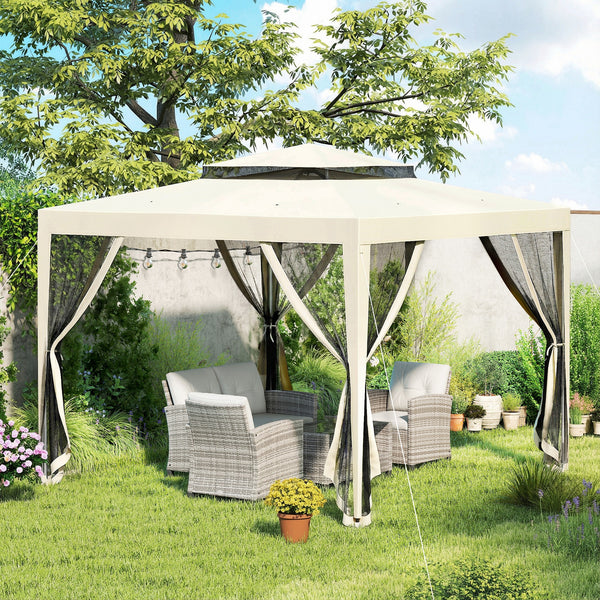 Tonnelle barnum de jardin 3L x 3l m avec 4 moustiquaires amovibles - double toit - beige