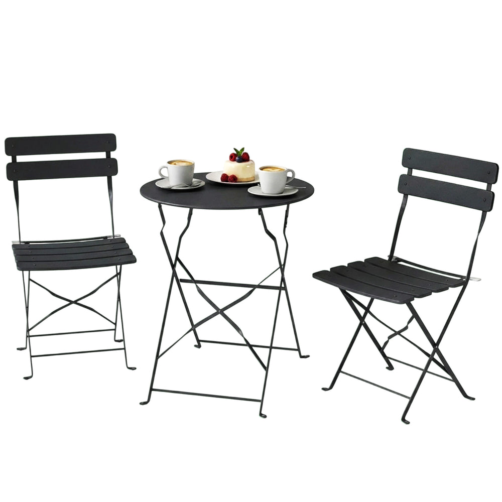 Ensemble Bistrot de Jardin 3 Pièces san Montage - Table et 2 Chaises Pliantes à Lattes en Métal avec Double Protection Antirouille - Mobilier de Balcon et Terrasse Chic, Noir
