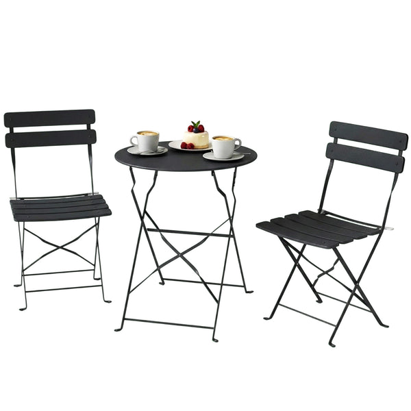 Ensemble Bistrot de Jardin 3 Pièces san Montage - Table et 2 Chaises Pliantes à Lattes en Métal avec Double Protection Antirouille - Mobilier de Balcon et Terrasse Chic, Noir