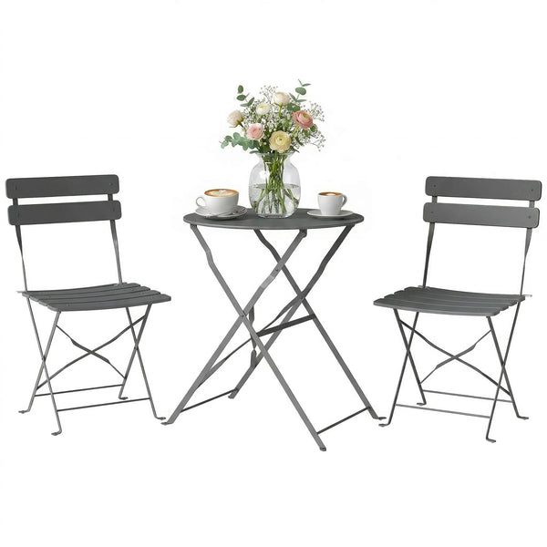 Ensemble Bistrot de Jardin 3 Pièces san Montage - Table et 2 Chaises Pliantes à Lattes en Métal avec Double Protection Antirouille - Mobilier de Balcon et Terrasse Chic, Noir