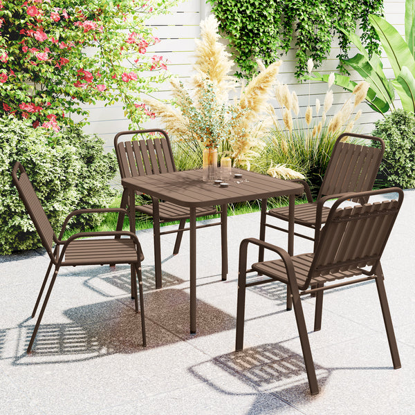 Lot de 4 chaises de jardin chaises empilables d'extérieur avec haut dossier et accoudoirs, cadre en acier pour jardin, piscine, terrasse, marron foncé