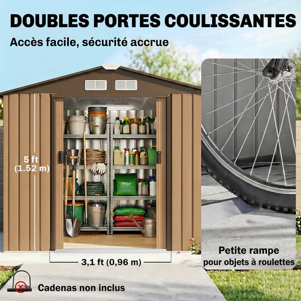 Abri de jardin 2,5 m² - remise pour outils avec kit de fondation - cabanon porte verrouillable - dim. 213L x 130l x 185H cm - tôle d'acier ocre