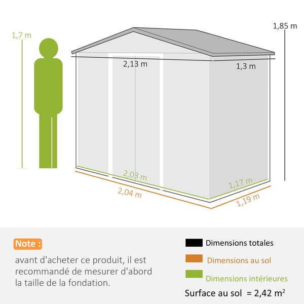Abri de jardin 2,5 m² - remise pour outils avec kit de fondation - cabanon porte verrouillable - dim. 213L x 130l x 185H cm - tôle d'acier ocre