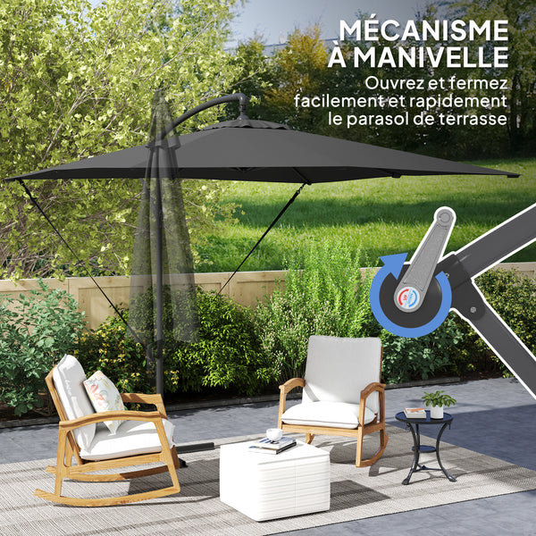 Parasol déporté 2,5 x 2,5 m, parasol de jardin extérieur, Toile ajustable, 8 baleines, base en croix et manivelle, Housse de Protection, gris foncé