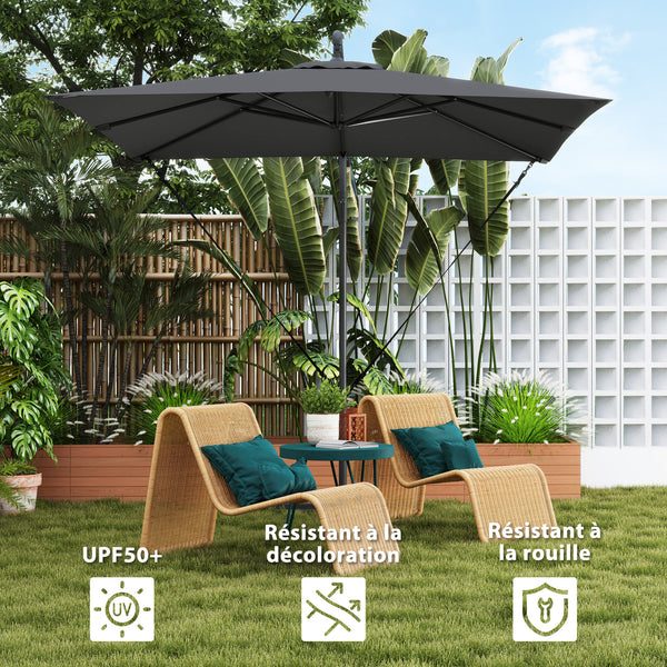 Parasol déporté 2,5 x 2,5 m, parasol de jardin extérieur, Toile ajustable, 8 baleines, base en croix et manivelle, Housse de Protection, gris foncé
