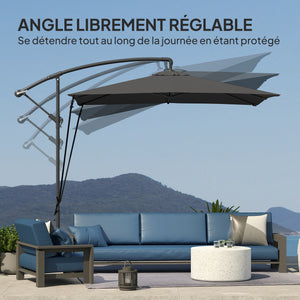 Parasol déporté 2,5 x 2,5 m, parasol de jardin extérieur, Toile ajustable, 8 baleines, base en croix et manivelle, Housse de Protection, gris foncé