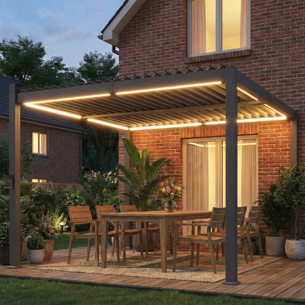 Pergola bioclimatique 3x3m avec lumières LED solaires, pergola à lames orientables, toit métallique, gouttières, manivelle, tonnelle de jardin abri terrasse, protection soleil, noir