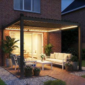 Pergola bioclimatique 3x3m avec lumières LED solaires, pergola à lames orientables, toit métallique, gouttières, manivelle, tonnelle de jardin abri terrasse, protection soleil, noir