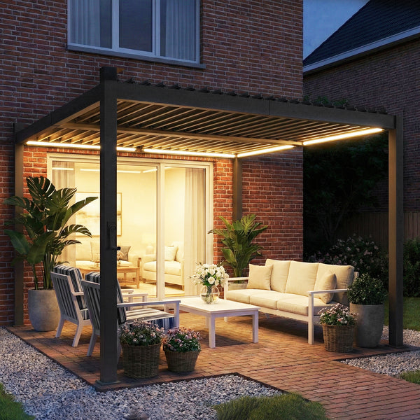 Pergola bioclimatique 3x3m avec lumières LED solaires, pergola à lames orientables, toit métallique, gouttières, manivelle, tonnelle de jardin abri terrasse, protection soleil, noir