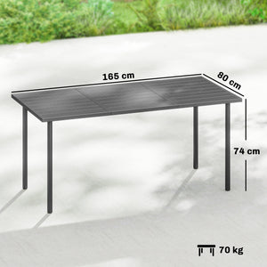 Table de jardin pour 6 personnes, 165 x 80 cm, table à manger extérieure rectangulaire avec plateau à lattes en métal, mobilier de patio tout temps pour balcon, terrasse, gris foncé