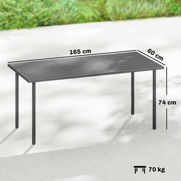 Table de jardin pour 6 personnes, 165 x 80 cm, table à manger extérieure rectangulaire avec plateau à lattes en métal, mobilier de patio tout temps pour balcon, terrasse, gris foncé