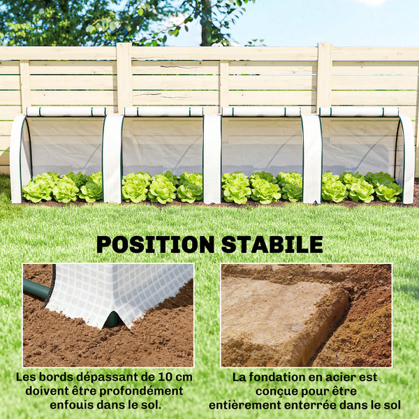 Mini Serre de Jardin Mini Serre Tunnel Serre à Tomates 4 x 1 x 0,8 m Acier Plastique Haute Densité Anti-UV 4 Portes avec Zip Enroulables Blanc