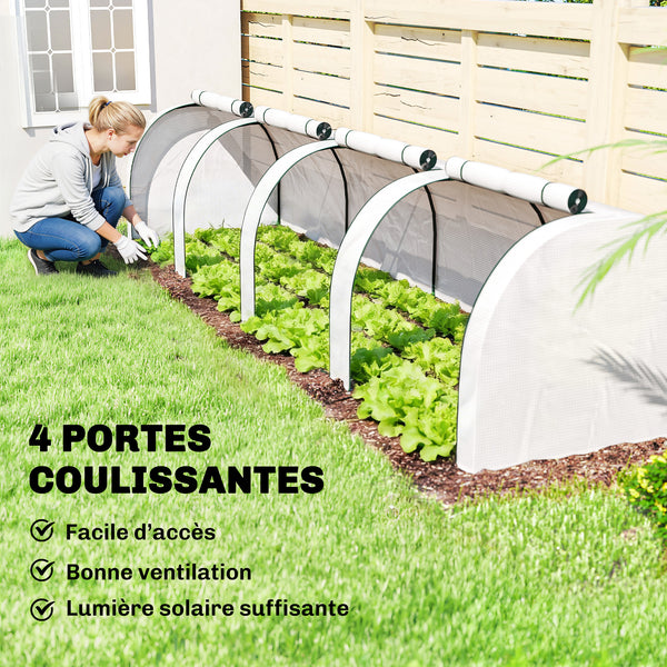 Mini Serre de Jardin Mini Serre Tunnel Serre à Tomates 4 x 1 x 0,8 m Acier Plastique Haute Densité Anti-UV 4 Portes avec Zip Enroulables Blanc
