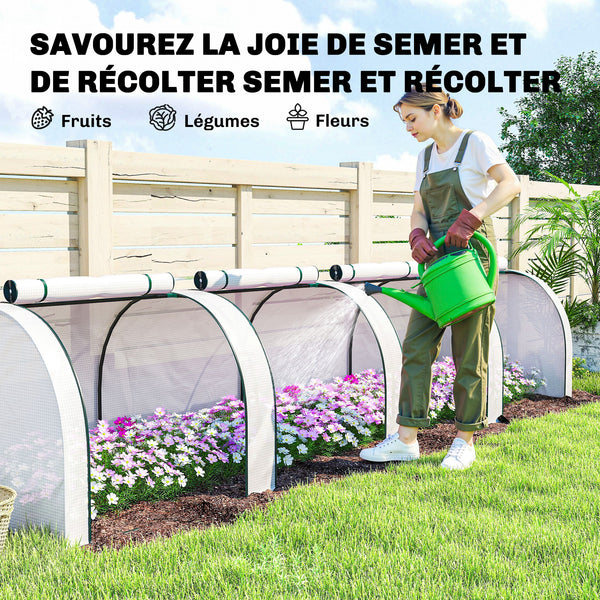 Mini Serre de Jardin Mini Serre Tunnel Serre à Tomates 4 x 1 x 0,8 m Acier Plastique Haute Densité Anti-UV 4 Portes avec Zip Enroulables Blanc
