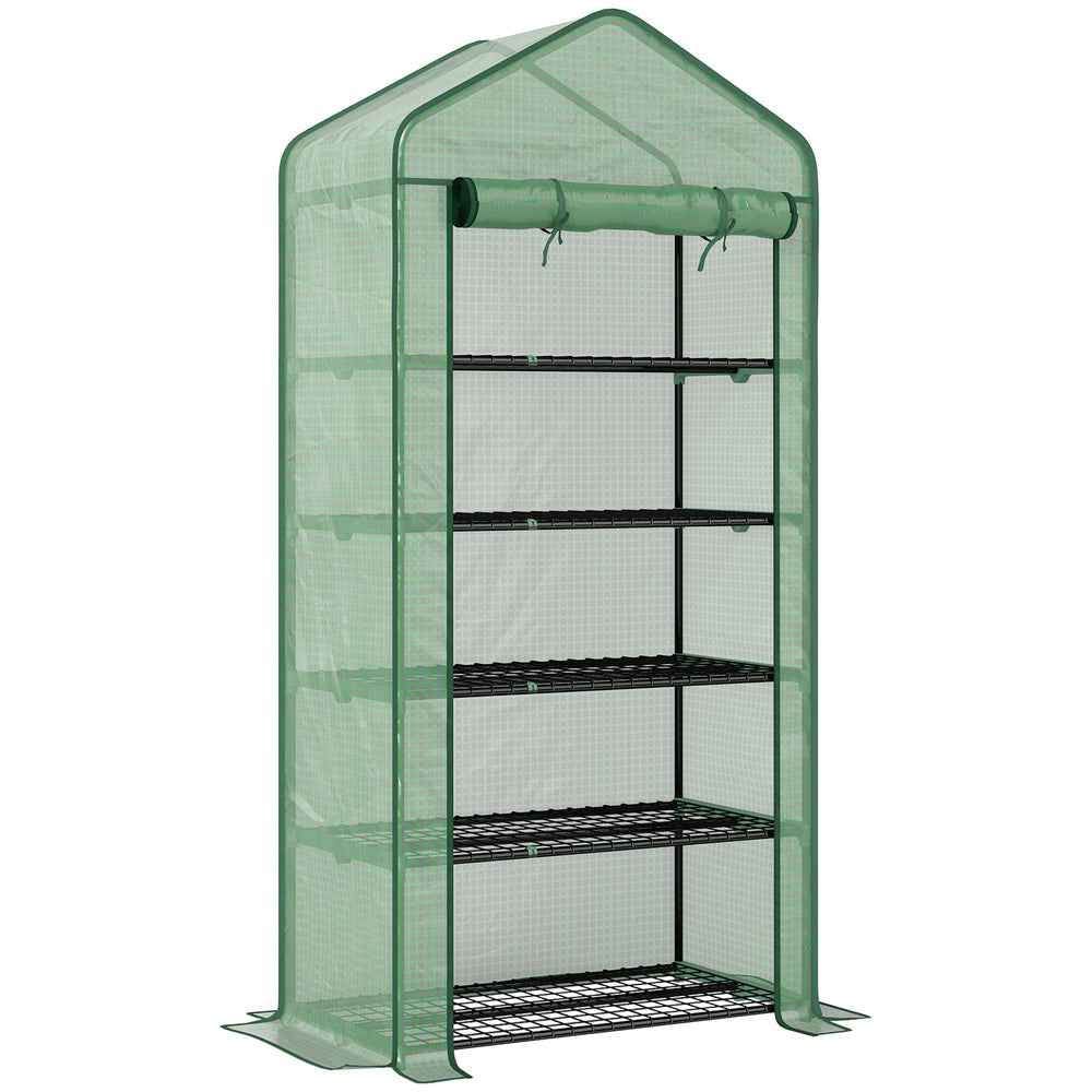 Serre de jardin avec étagères 5 niveaux, serre de balcon, bâche renforcée, châssis en acier, porte zippée enroulable, pour légumes plantes fleurs, 90x49x193cm, vert