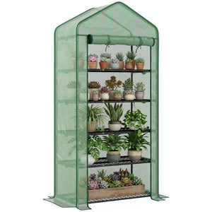 Serre de jardin avec étagères 5 niveaux, serre de balcon, bâche renforcée, châssis en acier, porte zippée enroulable, pour légumes plantes fleurs, 90x49x193cm, vert