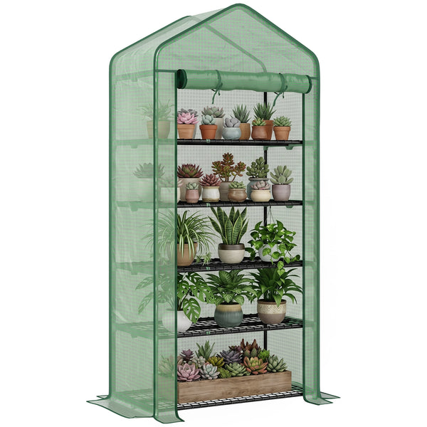 Serre de jardin avec étagères 5 niveaux, serre de balcon, bâche renforcée, châssis en acier, porte zippée enroulable, pour légumes plantes fleurs, 90x49x193cm, vert