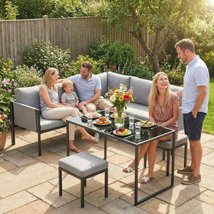 Salon de Jardin 6 Pièces Canapé d'Angle Extérieur - Ensemble Meuble de Jardin avec Coussins 10cm, Table Haute et 2 Repose-pieds - Mobilier de Terrasse 7 Personnes Acier et Textilène, Gris