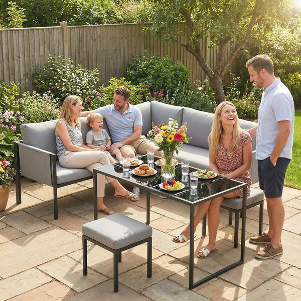 Salon de Jardin 6 Pièces Canapé d'Angle Extérieur - Ensemble Meuble de Jardin avec Coussins 10cm, Table Haute et 2 Repose-pieds - Mobilier de Terrasse 7 Personnes Acier et Textilène, Gris