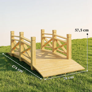 Pont de Jardin en Bois Carbonisé Arqué 1,74m - Passerelle avec Main Courante Sécurisée et Charge 200kg - Décoration Extérieure Traitée et Résistante, Naturel