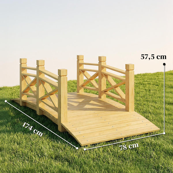 Pont de Jardin en Bois Carbonisé Arqué 1,74m - Passerelle avec Main Courante Sécurisée et Charge 200kg - Décoration Extérieure Traitée et Résistante, Naturel