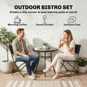 Ensemble de Salon de Jardin Bistrot 3 Pièces, Mobilier de Terrasse avec Table Semi-circulaire, 2 Chaises Pliantes, Maille, Cadre Métallique, Idéal pour Balcon, Patio, Jardin, Noir